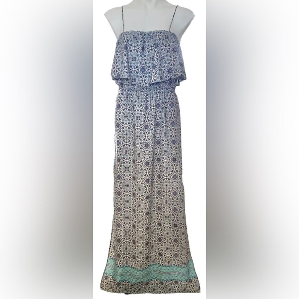 Forever 21 Maxi Dress Mosiac Print Flounce Ruffle Spaghetti Strap size large